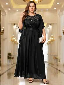 加大优雅蝴蝶袖雪纺亮片蕾丝紧身晚会长裙 - 黑色 - 查看 5