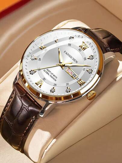  Nuevo reloj de cuarzo luminoso con calendario dual impermeable FANSICHEN, correa negro y marrón, reloj de muñeca de cuarzo delgado para hombres, adecuado para uso diario, regalo de vacaciones