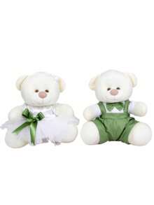 Kit With 2 Pcs - Decorative Teddy Bear Couple For Wedding White Flower Girl With Green Detail And Green Page Boy - Decoration 18 Cm - Rơm sang trọng - Xem 1