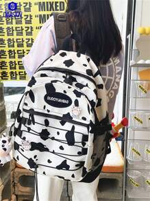 Canvas & Nylon Faux Animal Print Backpack - Retro, Vintage-Inspired Leopard, Cow, Zebra Patterns, Large Capacity, Adjustable Padded Shoulder Straps, Suitable For Students, Travel, Back To School - Black and White - View 11