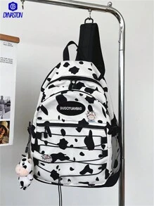 Canvas & Nylon Faux Animal Print Backpack - Retro, Vintage-Inspired Leopard, Cow, Zebra Patterns, Large Capacity, Adjustable Padded Shoulder Straps, Suitable For Students, Travel, Back To School - Black and White - View 2