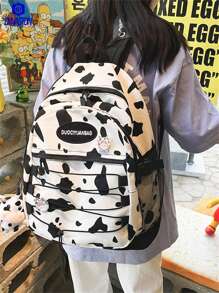 Canvas & Nylon Faux Animal Print Backpack - Retro, Vintage-Inspired Leopard, Cow, Zebra Patterns, Large Capacity, Adjustable Padded Shoulder Straps, Suitable For Students, Travel, Back To School - Black and White - View 10