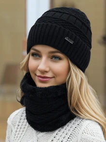 1 pieza Conjunto de gorro de punto y bufanda térmica de unicolor para mujer/hombre, apto para uso en exteriores, calles y uso diario en otoño/invierno, gorro unisex de moda, regalo ideal