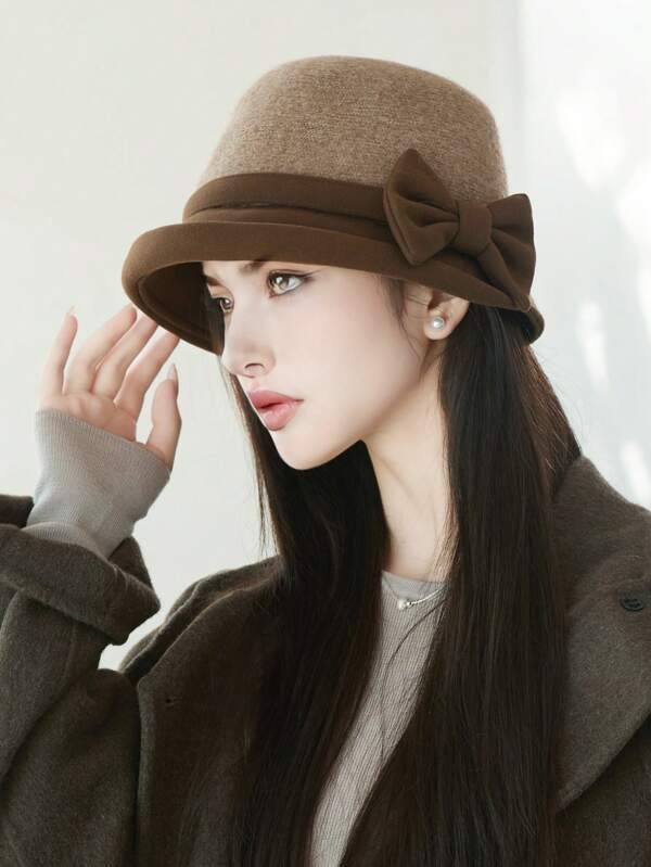 1pc Women's Elegant Bohemian Party Casual Cute Retro Street Warm Cuffed Bow Bucket Hat, Suitable For Daily Wear, Autumn/Winter