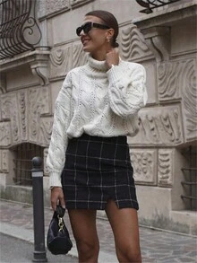 女士粗针织高领宽松纯色毛衣、针织打底衫 - 白色 - 查看 4