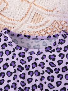 3 件套年轻女孩可爱休闲盖袖豹纹猫印花连衣裙 - 紫色 - 查看 5