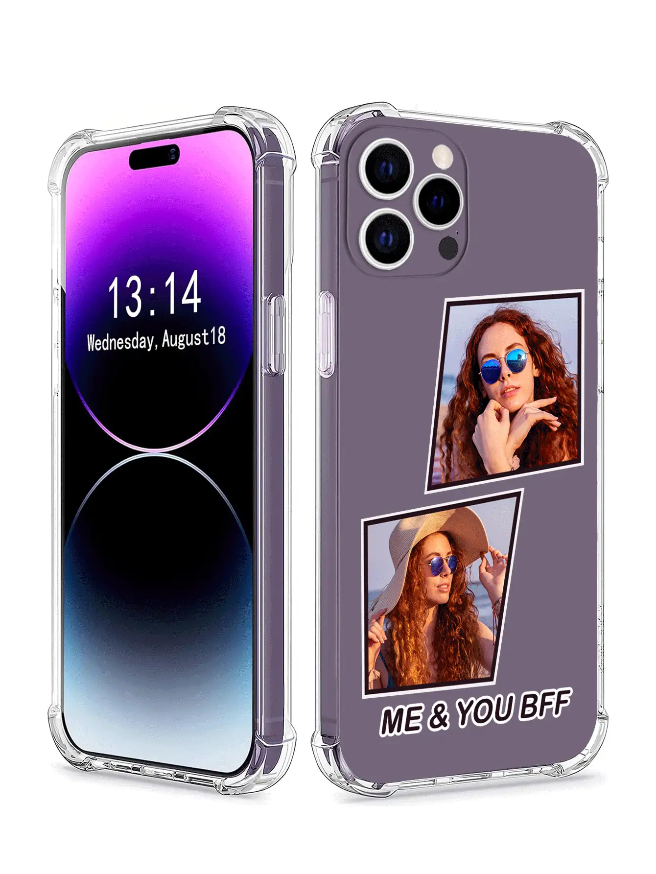 苹果1件可定制防摔加厚透明2张照片文字手机壳保护套适用于S23 24 Ultra/iPhone13 14 15 Pro Max，自拍和情侣互动照片合理化