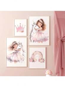 1PC Pink Princess Rainbow Unicorn Castle Crown Wall Art Canvas Painting Poster & Print Pictures For Girl Kids Room Decor No Frame
