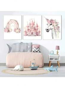 1PC Pink Princess Rainbow Unicorn Castle Crown Wall Art Canvas Painting Poster & Print Pictures For Girl Kids Room Decor No Frame