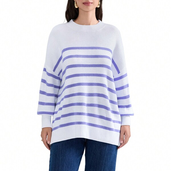 Suéter feminino listrado, ombro caído, manga comprida, gola redonda, bainha com fenda, blusas soltas de malha