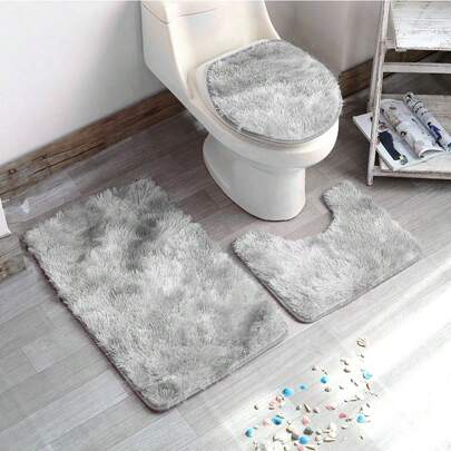 3 st/set ljusgrått tie dye långt plysch toalettsitsöverdrag och två golvmattor, halkfri badrumsmatta kombination heminredning utomhusmatta dörrmatta höstdekoration matta badrumstillbehör tillbaka till skolan