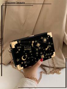 1 buc. Geantă de umăr cu lanț în formă de cutie, cu cusături din catifea, cer înstelat, cu broderie la modă de stele și luni, cadou de sărbătoare, geantă pentru femei la modă stele goale