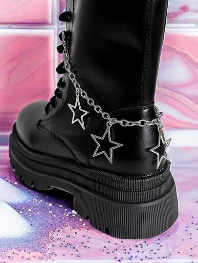 Suricat 2条镂空星形鞋带，星形靴鞋配饰，镂空五角星夸张吊坠钛钢链鞋带，个性化百搭星形靴鞋装饰，新款嘉年华鞋履配饰