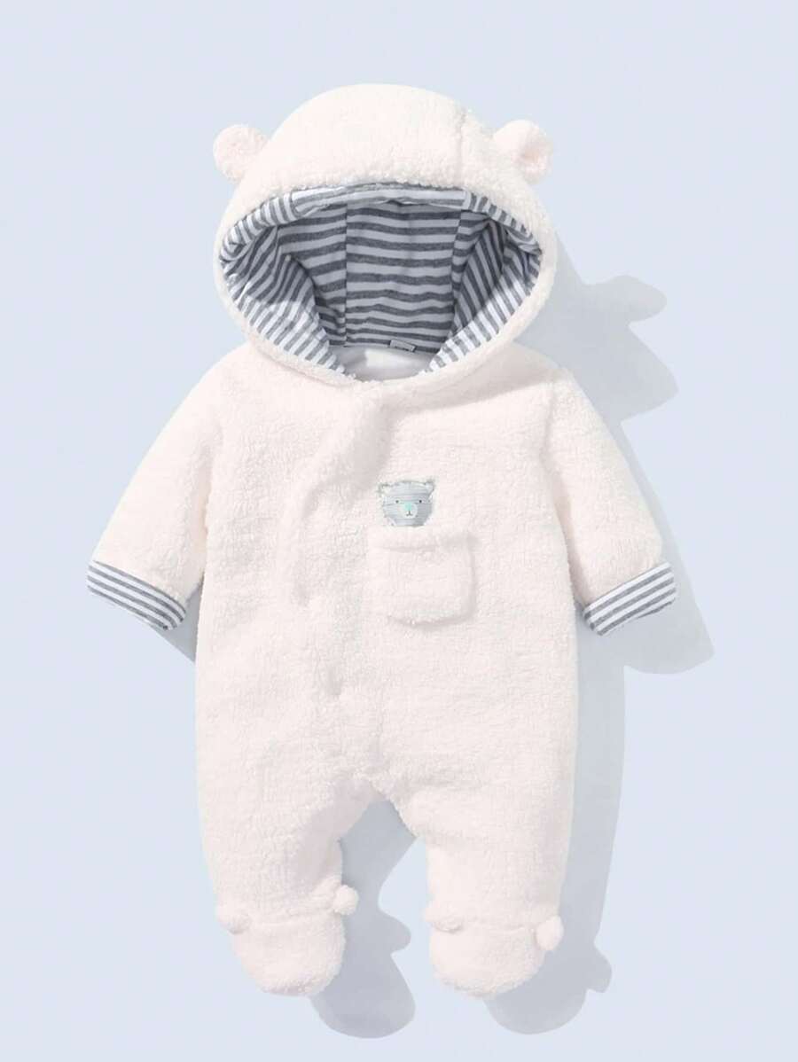 BOARNSEORL Infant Baby Boys Hooded Footed Jumpsuit , Thick Fleece Jumpsuit For Winter Indoor Outdoor Daily Wear
