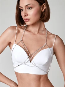 1 件闪亮水钻身体链，性感海滩/派对珠宝配饰，女士时尚贴身衣物装饰品