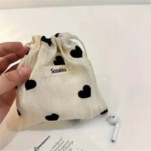 Sozakka 涤纶抽绳袋，带心形图案，便携式迷你化妆包，网眼礼品收纳袋，适用于小饰品和化妆品 - 米色 - 查看 2