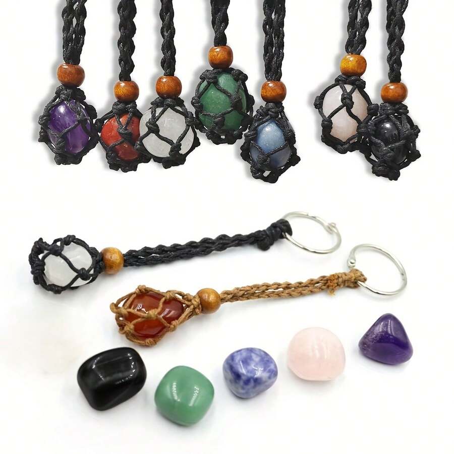 14Pcs Crystals Stone And Chakra  Keychain(Contain Stones) Set, 7 Pcs Chakra Stones, 7 Pcs Handmade Adjustable Holders, Natural Crystal For Positive Energy