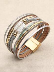 1pc Snake Pattern Leather Wrap Bracelet With Crystal Studs, Bohemian Style Wristband For Men, Gift For Women/Wife/Mother