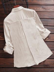 New Arrival Women's Striped Button-Front Long-Sleeve Shirt - Soft  Blend, Double Pockets, Sleeve Loops, Machine Washable - Casual Commuting And Weekend Wear In All Seasons - Suitable For Spring And Autumn Casual Wear - Apricot - View 2