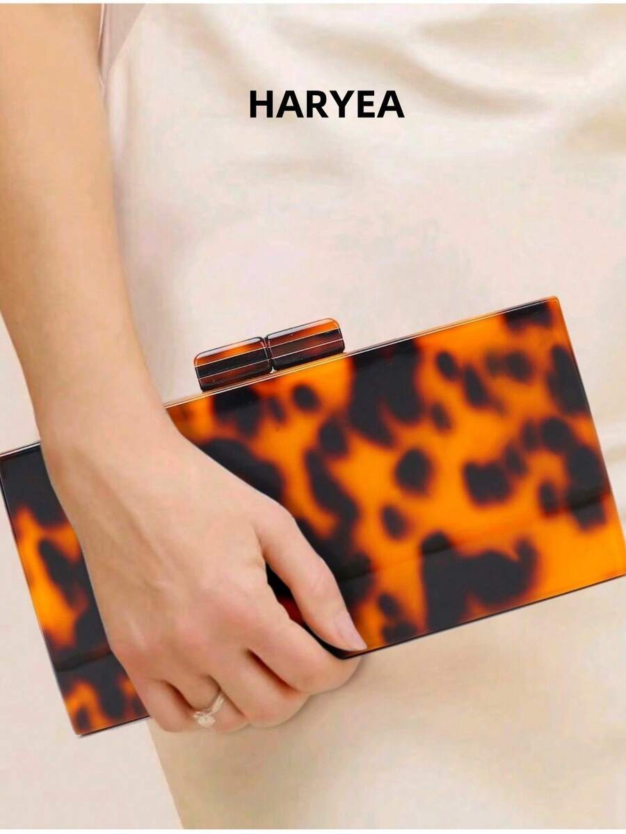 时尚豹纹亚克力晚装手拿包，琥珀色，欧美风格，女士复古婚礼派对礼服化妆包 - 咖啡棕 - 查看 1