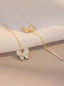 2pcs Korean Style Sweet & Cool Alloy Long Tassel & Rhinestone Butterfly Threader Earrings For Women Daily - Yellow Gold - View 6
