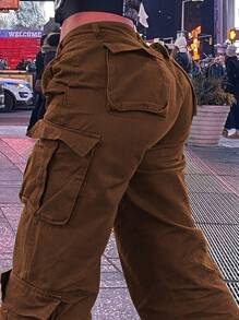 Women Mid Waisted Cargo Jeans Flap Pocket Straight Wide Leg Casual Baggy Boyfriend Denim Streetwear Pants(The Size Is Slightly Small; It Is Recommended To Order One Size Up.) - Brown - View 5