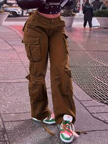 Women Mid Waisted Cargo Jeans Flap Pocket Straight Wide Leg Casual Baggy Boyfriend Denim Streetwear Pants(The Size Is Slightly Small; It Is Recommended To Order One Size Up.) - Brown - View 2