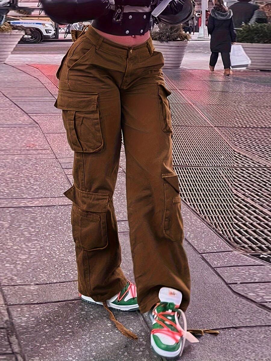 Women Mid Waisted Cargo Jeans Flap Pocket Straight Wide Leg Casual Baggy Boyfriend Denim Streetwear Pants(The Size Is Slightly Small; It Is Recommended To Order One Size Up.)
