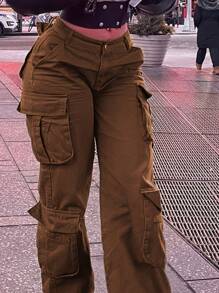 Women Mid Waisted Cargo Jeans Flap Pocket Straight Wide Leg Casual Baggy Boyfriend Denim Streetwear Pants(The Size Is Slightly Small; It Is Recommended To Order One Size Up.) - Brown - View 3