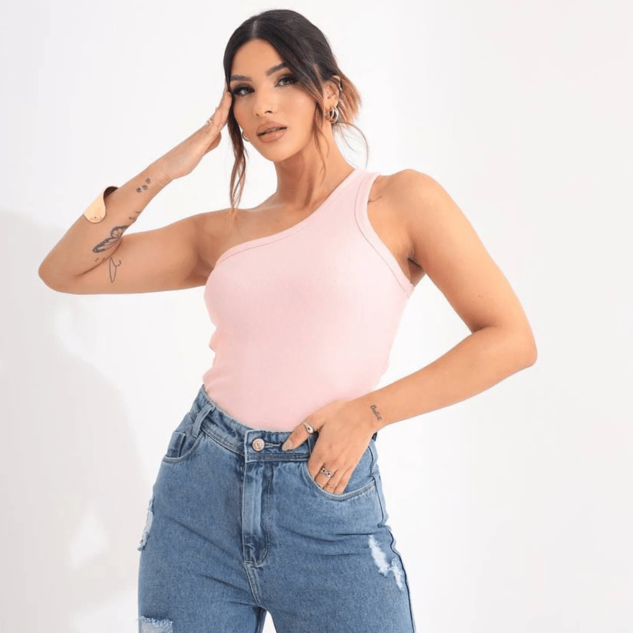 Women's One Shoulder Tank Top - 淺粉色 - 查看 1