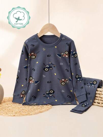 2 Stücke Kleine Jungen Cartoon Bagger Muster Pyjama Set, Baumwolle Langarm Oberteil und Hose, Frühling/Herbst