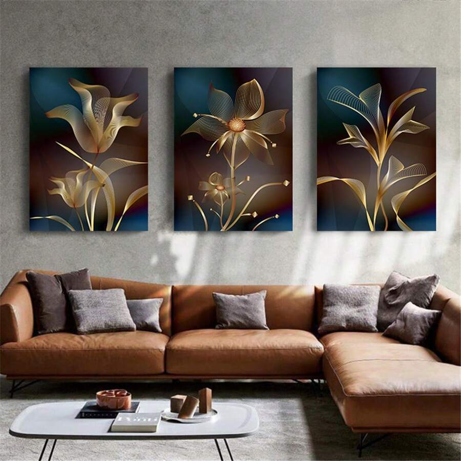Bộ 3 tấm áp phích vải canvas, tranh treo tường cổ điển trừu tượng hoa vàng, tranh vải canvas Bắc Âu đen và hoa vàng, tranh tường trừu tượng hiện đại tối giản, in áp phích, quà tặng lý tưởng cho phòng ngủ, phòng khách, nhà bếp, phòng tắm, hành lang, văn phòng, khách sạn, trang trí tường, trang trí nhà cửa (không có khung) - Vàng - Xem 1