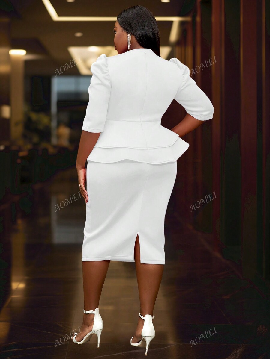 Plus Size Solid Color VNeck Mid Sleeve Top And FormFitting Dress Set