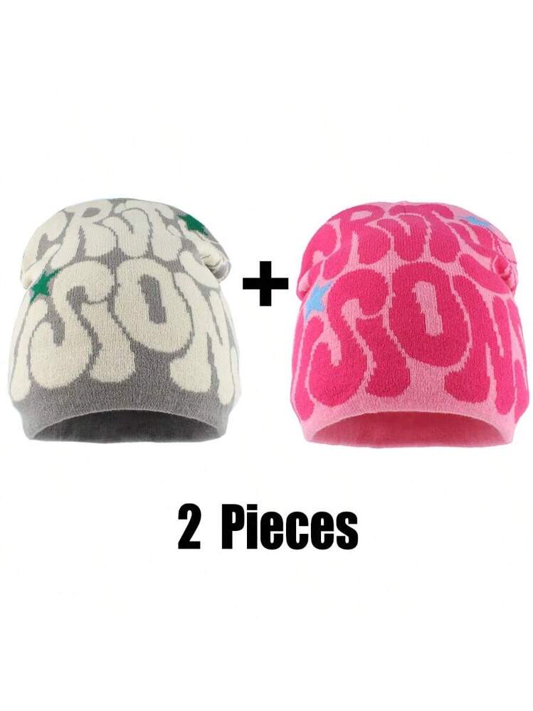 Women\'s Pink Green 2 Packs Stylish Winter Warm Knitted Beanie Skull Hat Cap A POP OF COLOR ➕ Brightening Winter: The Red Beanie As  main image 3