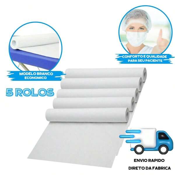 5 Rolos de Lençol de Maca Descartável Branco 50x50