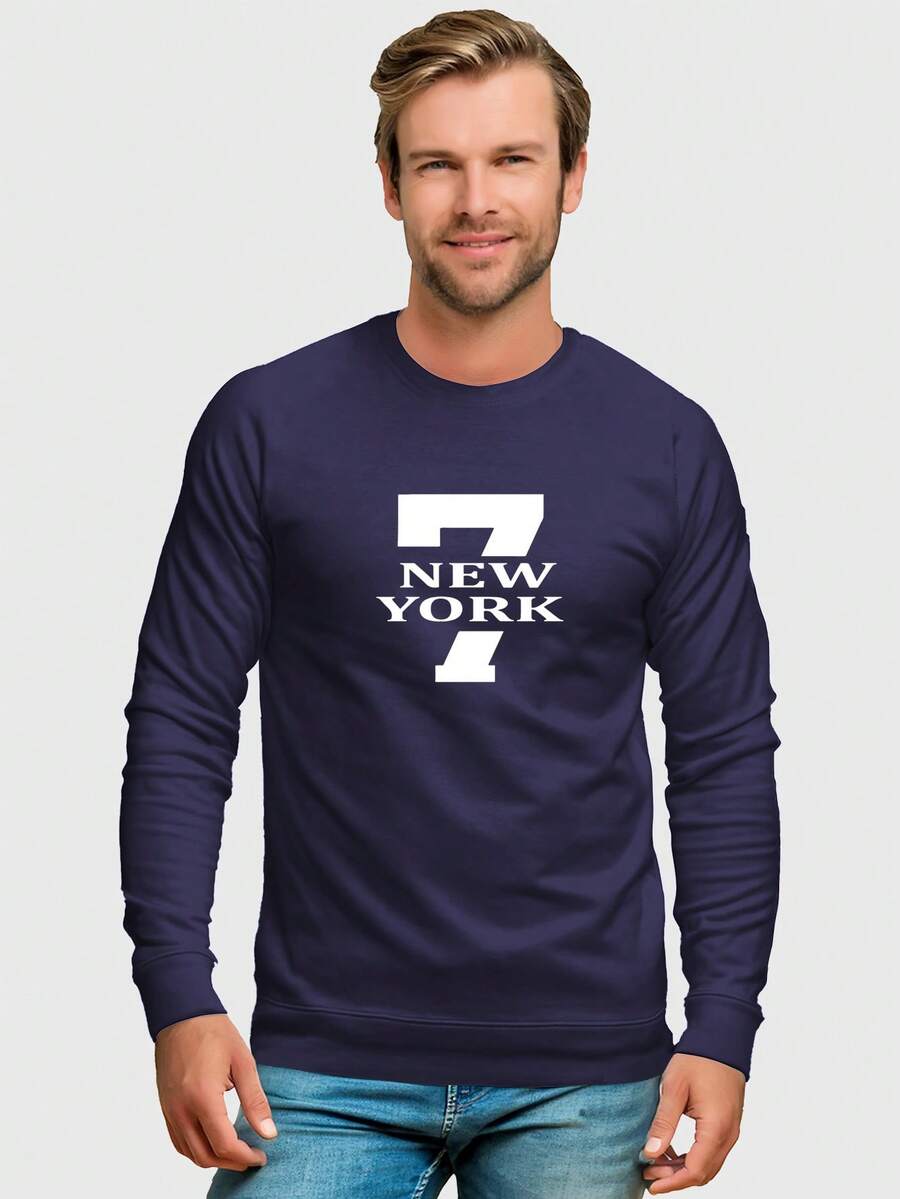 Men's Round Neck Flannel Sweatshirt Print 7 New York - Màu xanh hải quân - Xem 1