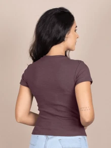 Women's Ribbed Blouse Basic Casual T-Shirt Round Neck Short Sleeve Premium - 鏽棕色 - 查看 2