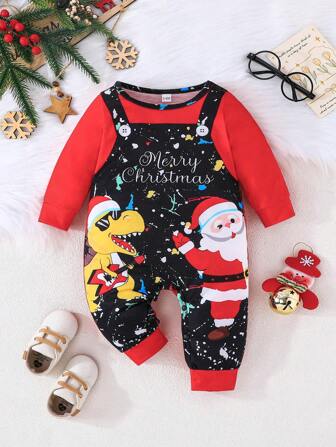 Baby Boy Long Sleeve Cute Santa Claus & Dinosaur Print Fake Suspenders Jumpsuit, Christmas Holiday