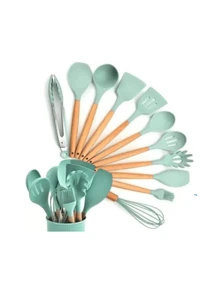 Kitchen Set Kit With 12 Silicone Pieces, Utensils And Cup Holder For Kitchen With Wooden Handle - Green - View 3