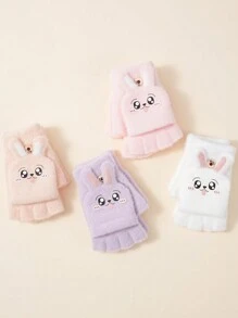 1 Pair Children's Warm Cute Cartoon Crystal Velvet Fingerless Flip-Top Gloves With Rabbit Design, For Autumn/Winter - Gloves - View 1