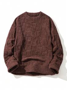 Men's Solid Color Crew Neck Long Sleeve Casual Pullover Sweater, Autumn/Winter - Coffee Brown - View 1