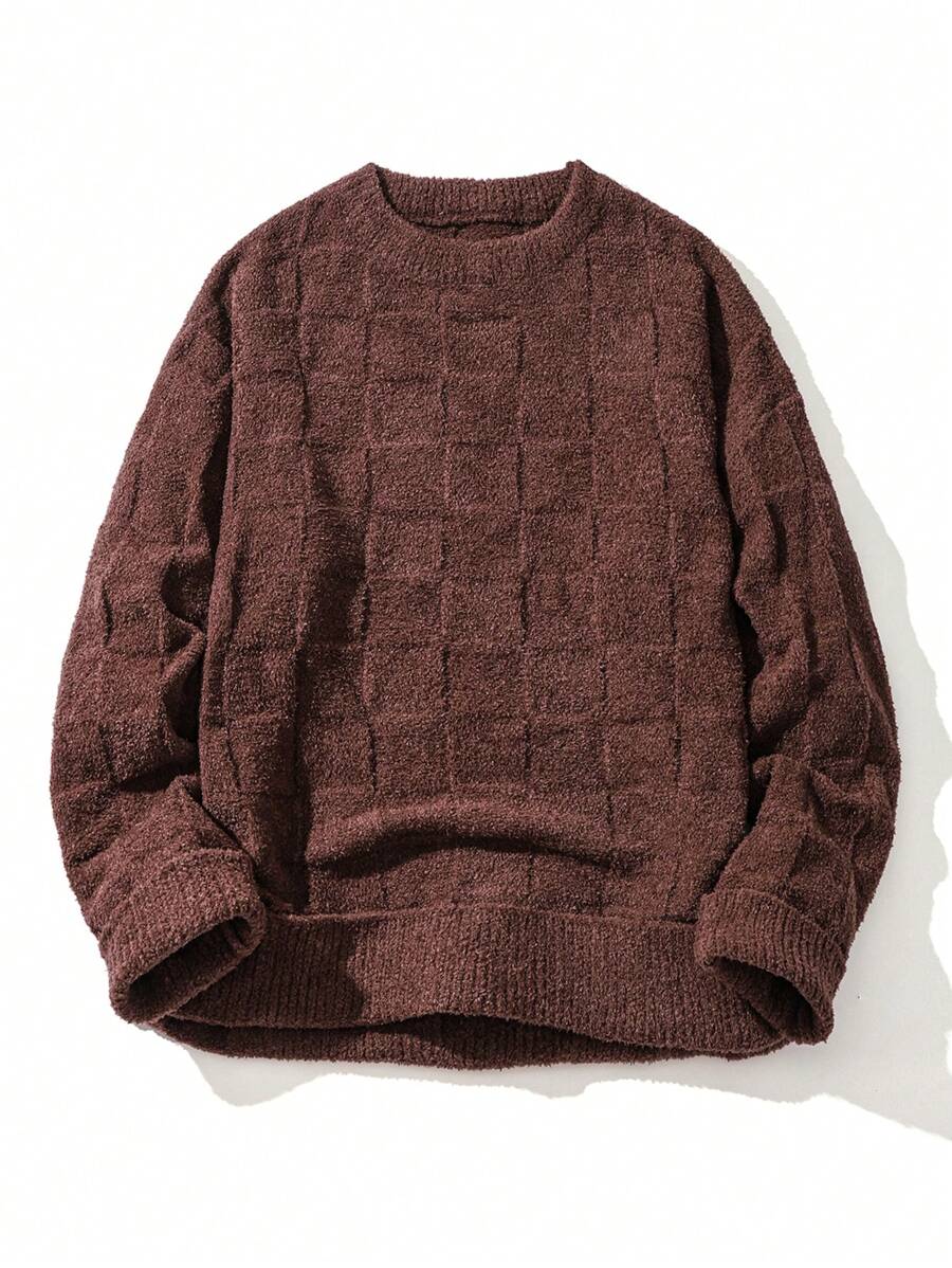 Men's Solid Color Crew Neck Long Sleeve Casual Pullover Sweater, Autumn/Winter - Coffee Brown - View 1