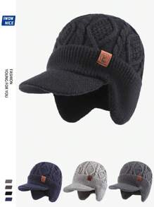 Winter Ear Warmer Thickened Lined Men Beanie Hat, Vintage Thick Faux Wool Knitted Baseball Cap With Brim For Women, Warm Knitted Hat With Brim And Ear Flaps For Outdoor Warmth, Best Holiday Gift For Dadwinter Hat
