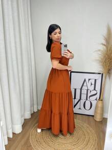 Women's Long Plain Dress With Padded Bra And Elastex At The Back At The Waist / Square Neck - Rỉ Nâu - Xem 2