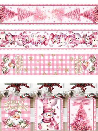 1pc Pink Theme Christmas Table Runner, Santa Claus Snowman Xmas Tree Design 35*180cm Polyester Xmas Table Runner Tablecloth, Christmas Decorations For Home 2024 Room Table Decor, Xmas Table Ornaments Gifts, Happy New Year 2025 Decor Tablecloth