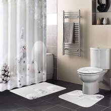 Bộ rèm tắm hình người tuyết Giáng sinh 1/3/4 chiếc, rèm tắm vải polyester chống thấm nước có 12 móc, thảm chống trượt, tấm phủ bệ ngồi bồn cầu và thảm lót, phụ kiện trang trí phòng tắm phù hợp cho nhà tắm, trang trí phòng tắm mùa thu, phụ kiện phòng tắm cho ngày tựu trường - trắng - Xem 3