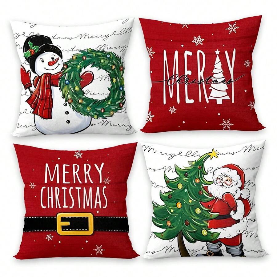 4pcs Velvet Christmas Pillow Case Covers Set, Snowman With Wreath, Merry Christmas Santa Claus Pattern, Suitable For Christmas Living Room Bedroom Sofa Decoration, Christmas Party Decoration, Pillow Inserts Not Included - Multicolor - View 1