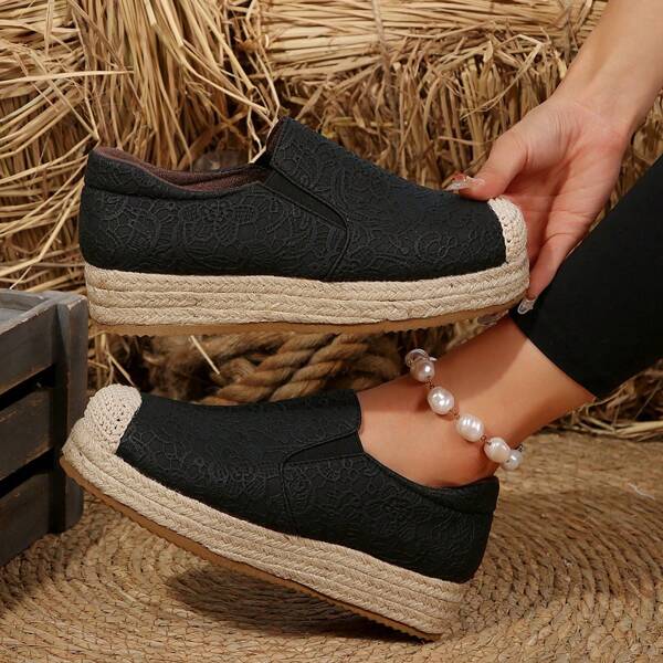 Women's New Straw Woven Platform Loafers Slip-On Thick Sole Lace Casual Sneakers