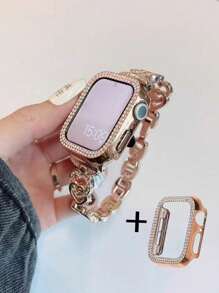 一套锌合金心形水钻装饰金属表带手链 + 一个水钻表壳，兼容 9SE、8、7、6、5、4、3、2、1、Ultra，尺寸 38mm、40mm、41mm、44mm、45mm，佩戴方便，尺寸可调节，时尚玫瑰金表带，闪耀元素，女士专属 - 玫瑰金 - 查看 3