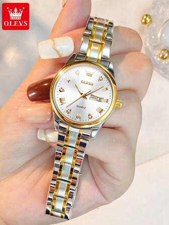OLEVS. Reloj de mujer OLEVS, reloj de mujer con diamantes originales, reloj de lujo de acero inoxidable con iluminación luminosa y resistente al agua, reloj de mujer de cuarzo color oro